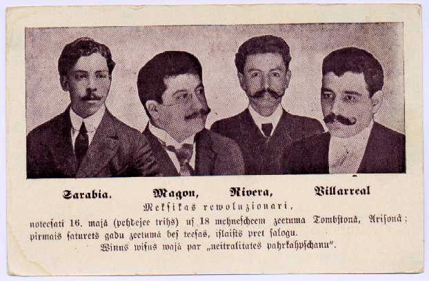 Mismo retrato incorporado a una tarjeta postal en solidaridad con los revolucionarios mexicanos presos en la cárcel de Florence, Arizona, E. U. A. (en lituano, 1909). (Col. Particular).